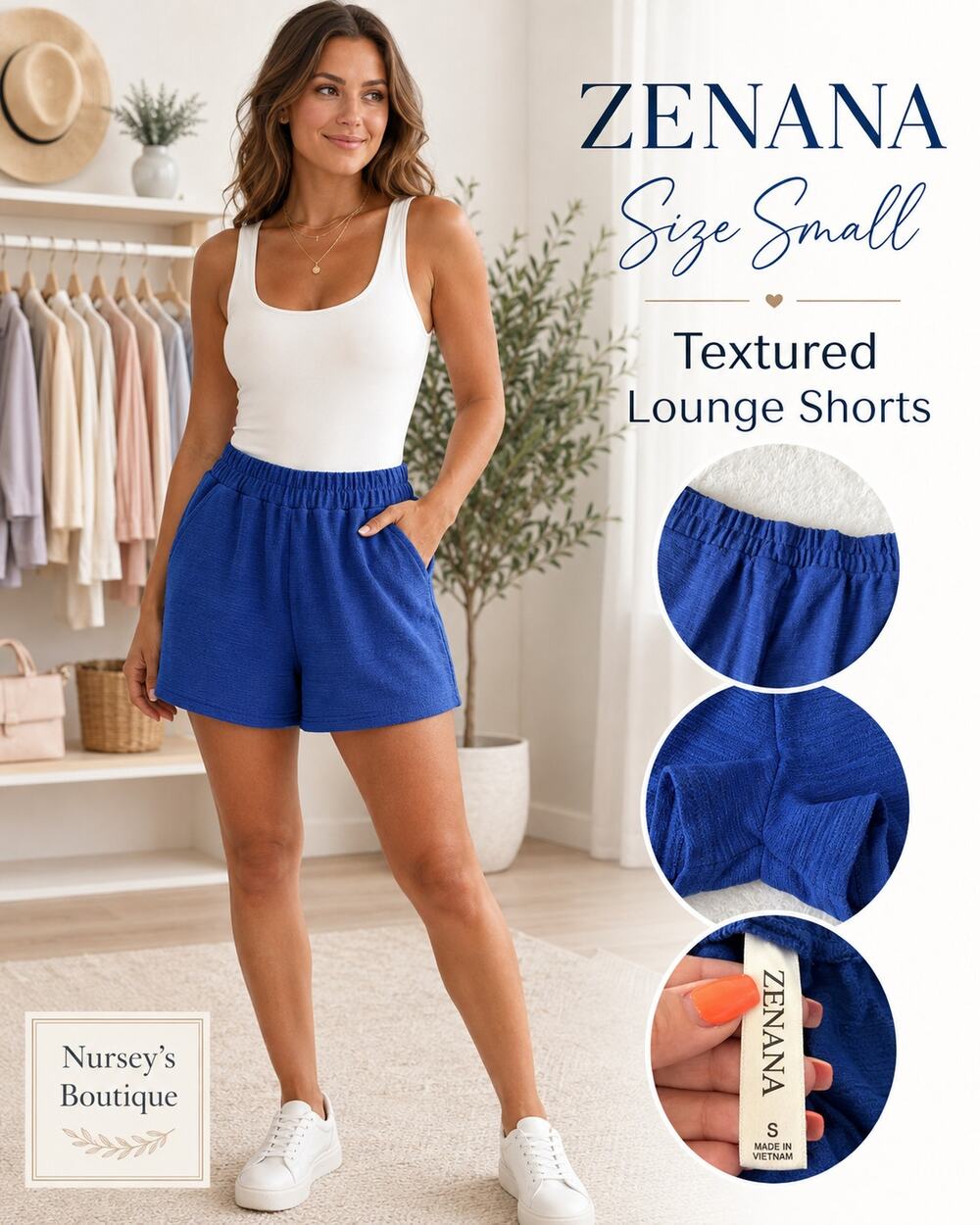 Zenana Blue Textured Knit Lounge Shorts Small Elastic Waist Pockets NIB